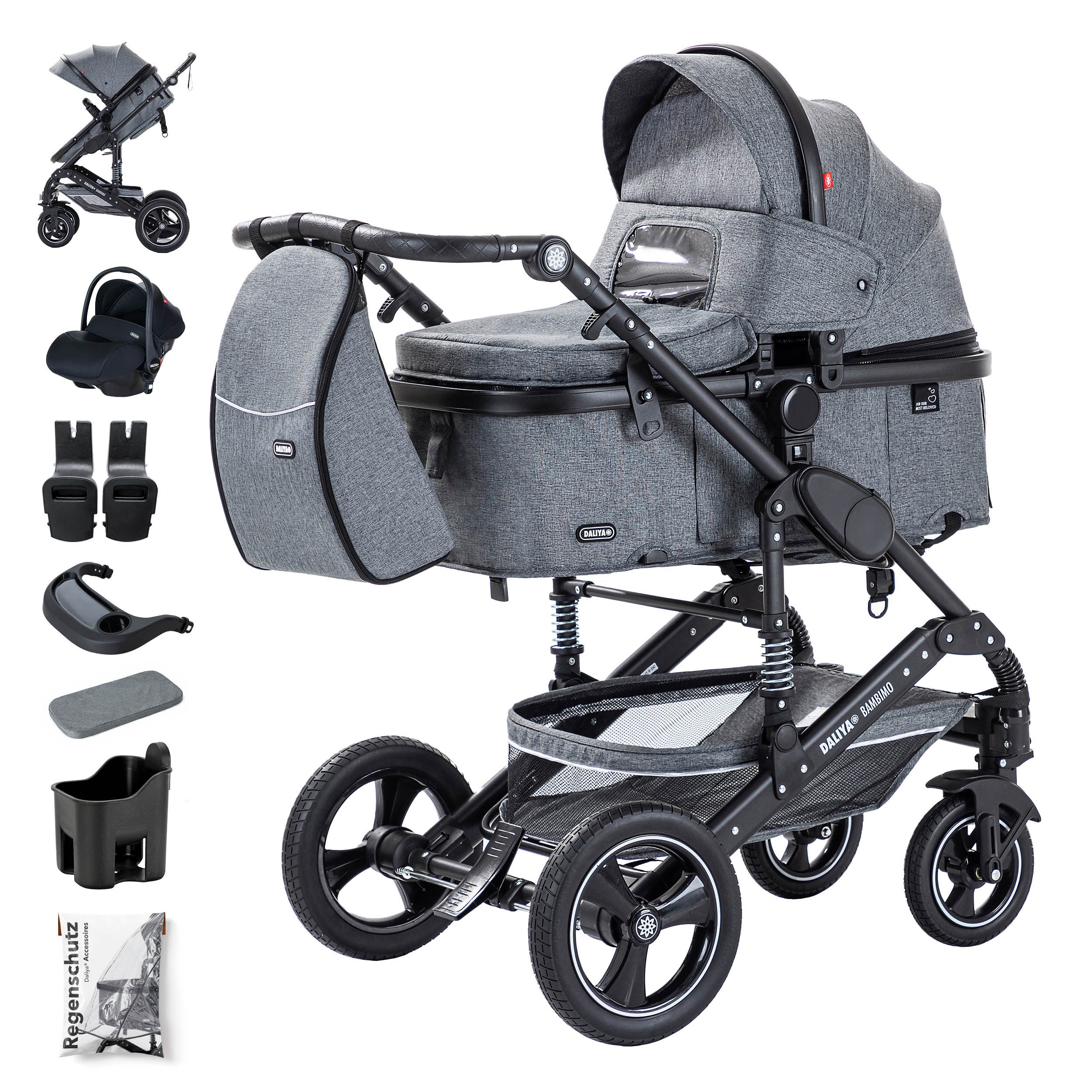 Daliya® Kombi-Kinderwagen BAMBIMO 3in1 Kinderwagen & Buggy mit Auto-Babyschale und Adapter, (XXL-Set inkl. Wickeltasche und Spieltisch, 15-tlg), Babyschale, Airless-Räder, Federung, weiche Matratze, Belüftungssystem