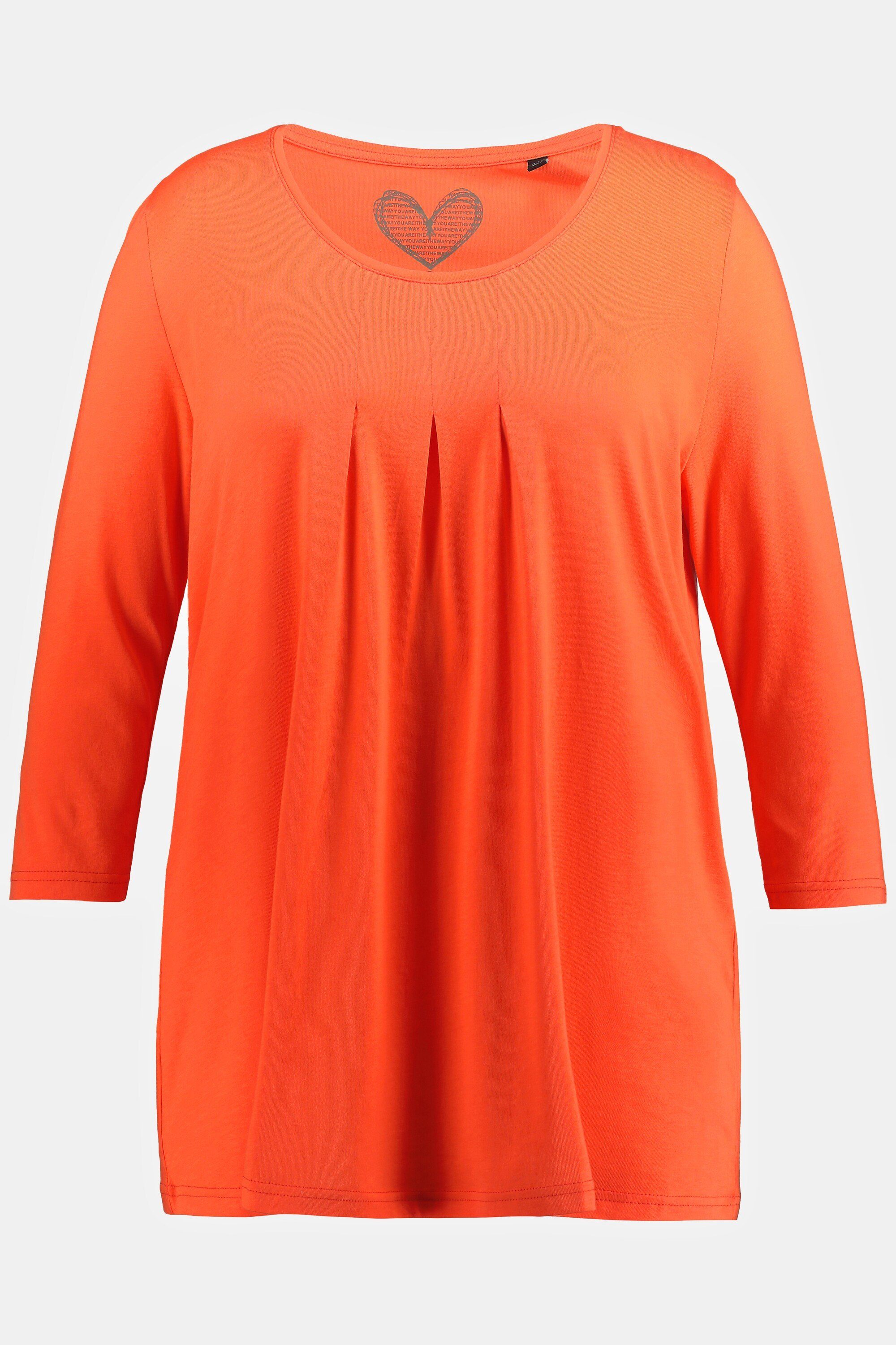 A-Linie Popken Ulla 3/4-Arm Rundhalsshirt mandarine Rundhals Shirt Zierfalten