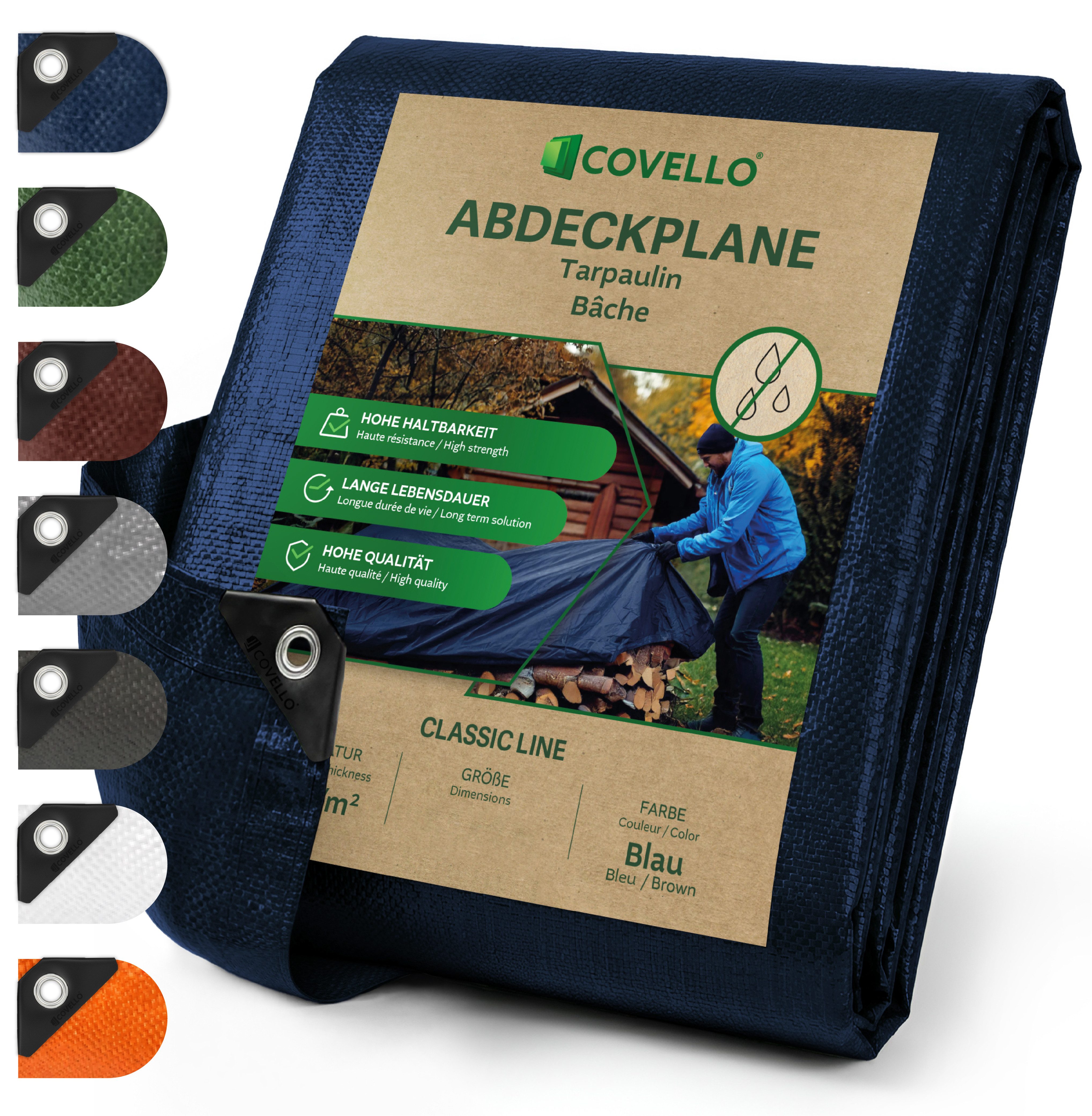 Covello Schutzplane 90g/m² blau, Abdeckplane mit Ösen wasserdicht, Plane UV-stabilisiert in vielen verschiedenen Farben & Größen