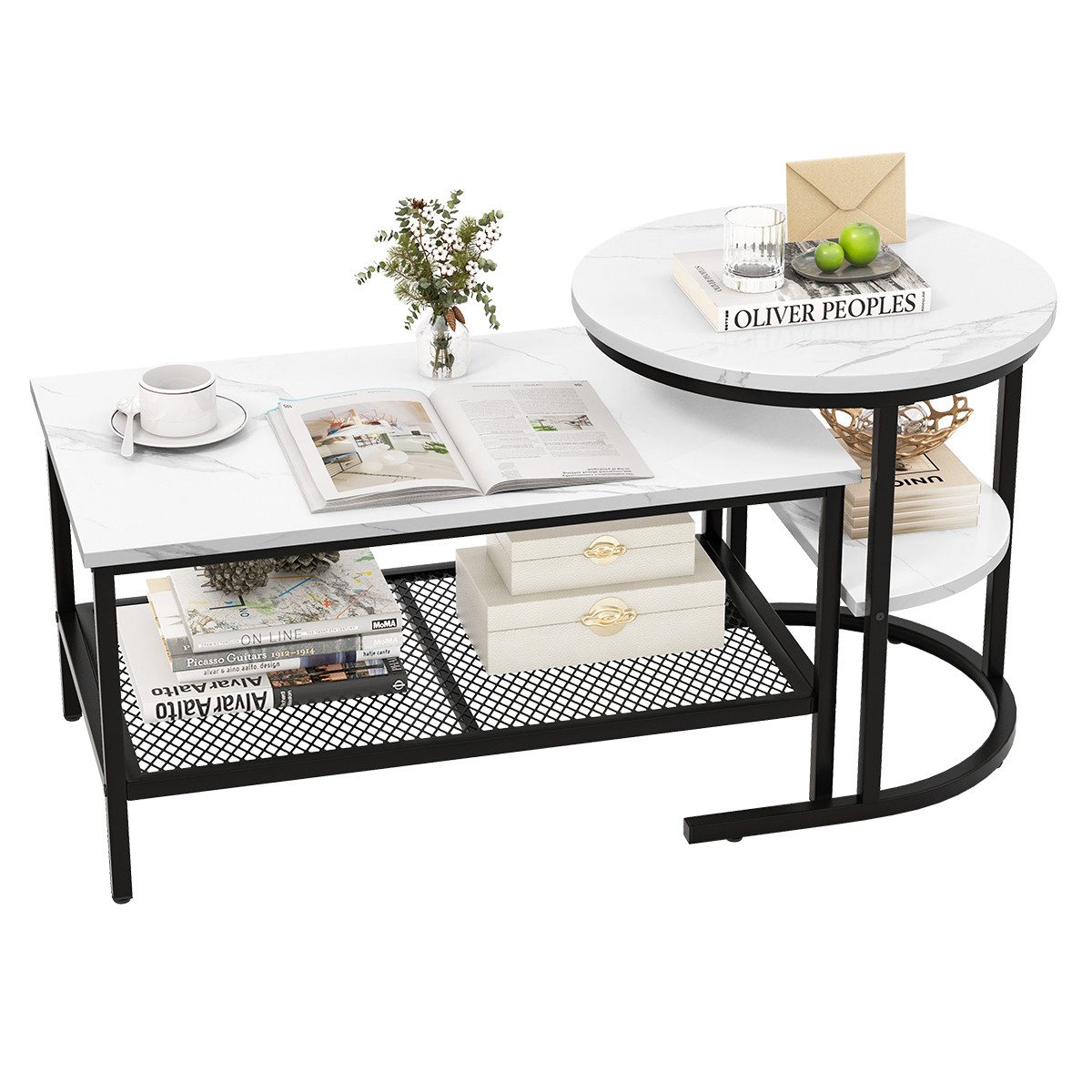 COSTWAY Couchtisch, 2er Set, Marmor, Beistelltisch mit Stauraum, Gold, Meta günstig online kaufen