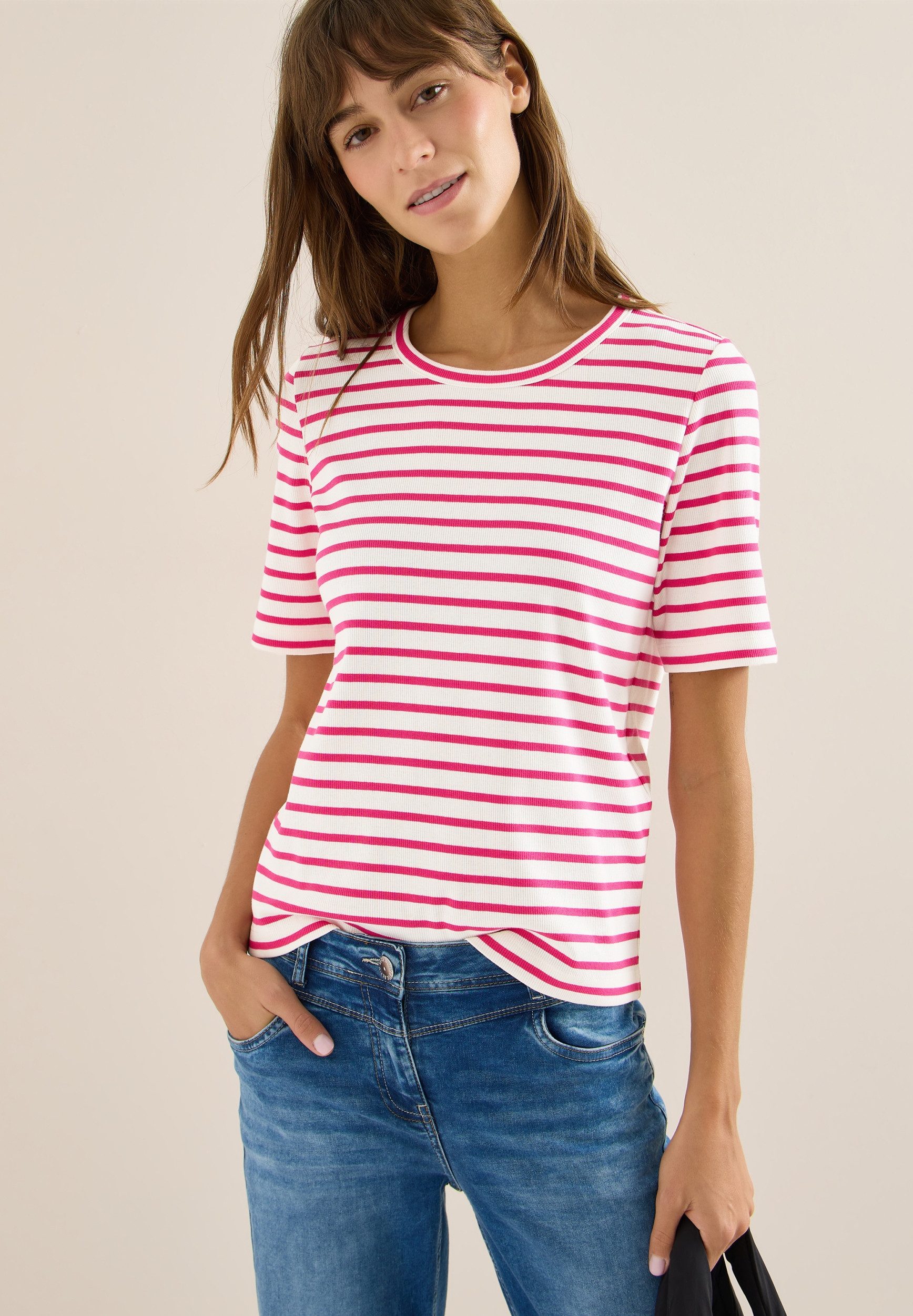 CECIL Kurzarmshirt Basic Stripe Rib Shirt günstig online kaufen