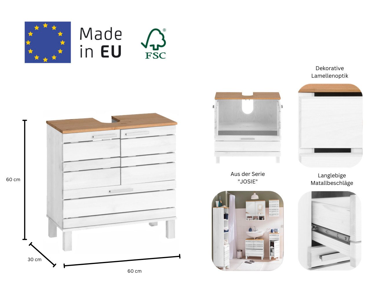 Home affaire Waschbeckenunterschrank JOSIE Breite 60, aus Massivholz, Metallgriffe, 1 Schublade & 2 Türen – Bild 3 von 5