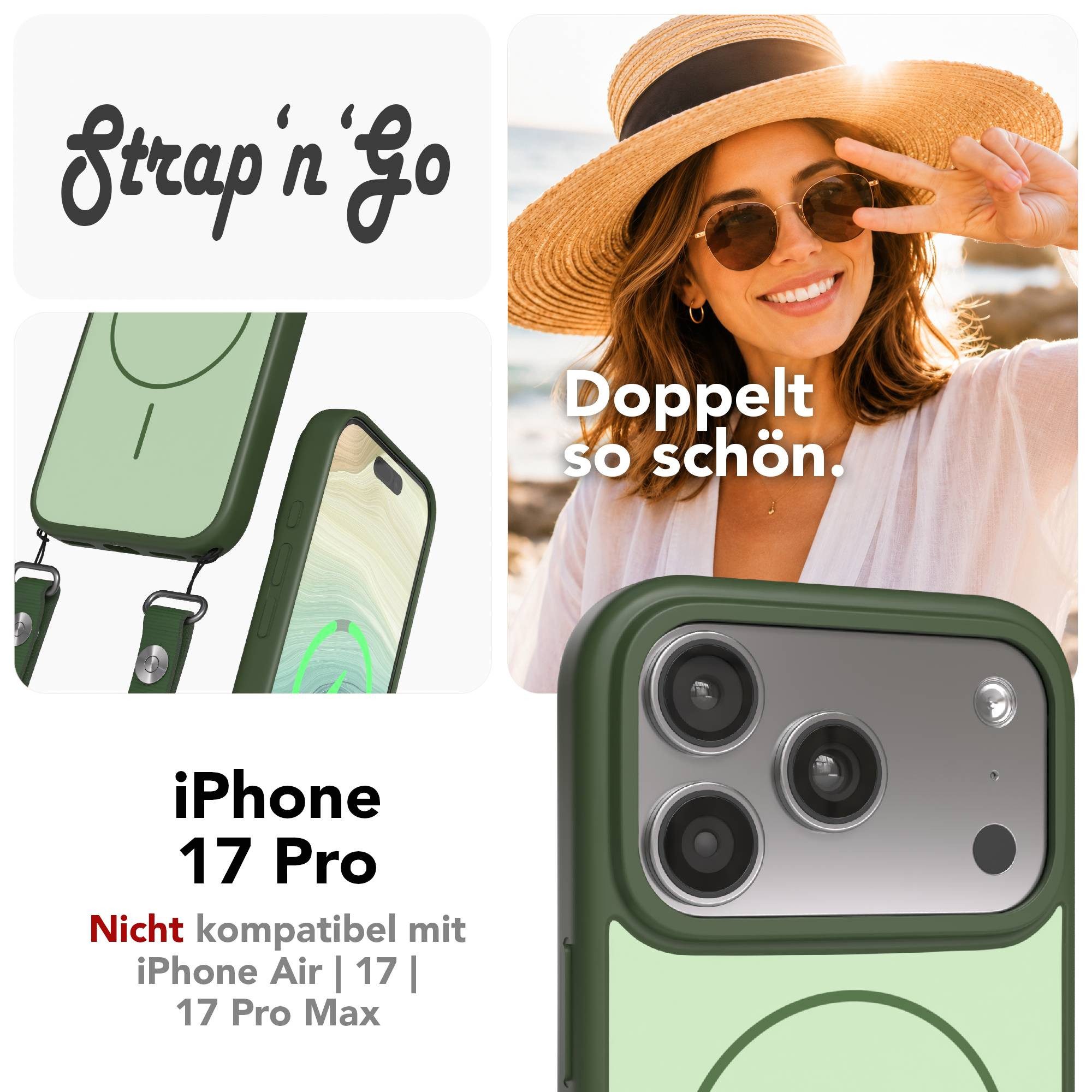 EAZY CASE Handykette Outdoor Case Thin MagSafe mit Band für Apple iPhone 17 Pro 6,3 Zoll, Outdoor Handyhülle mit schmalem MagSafe Ring und Trageband Grün