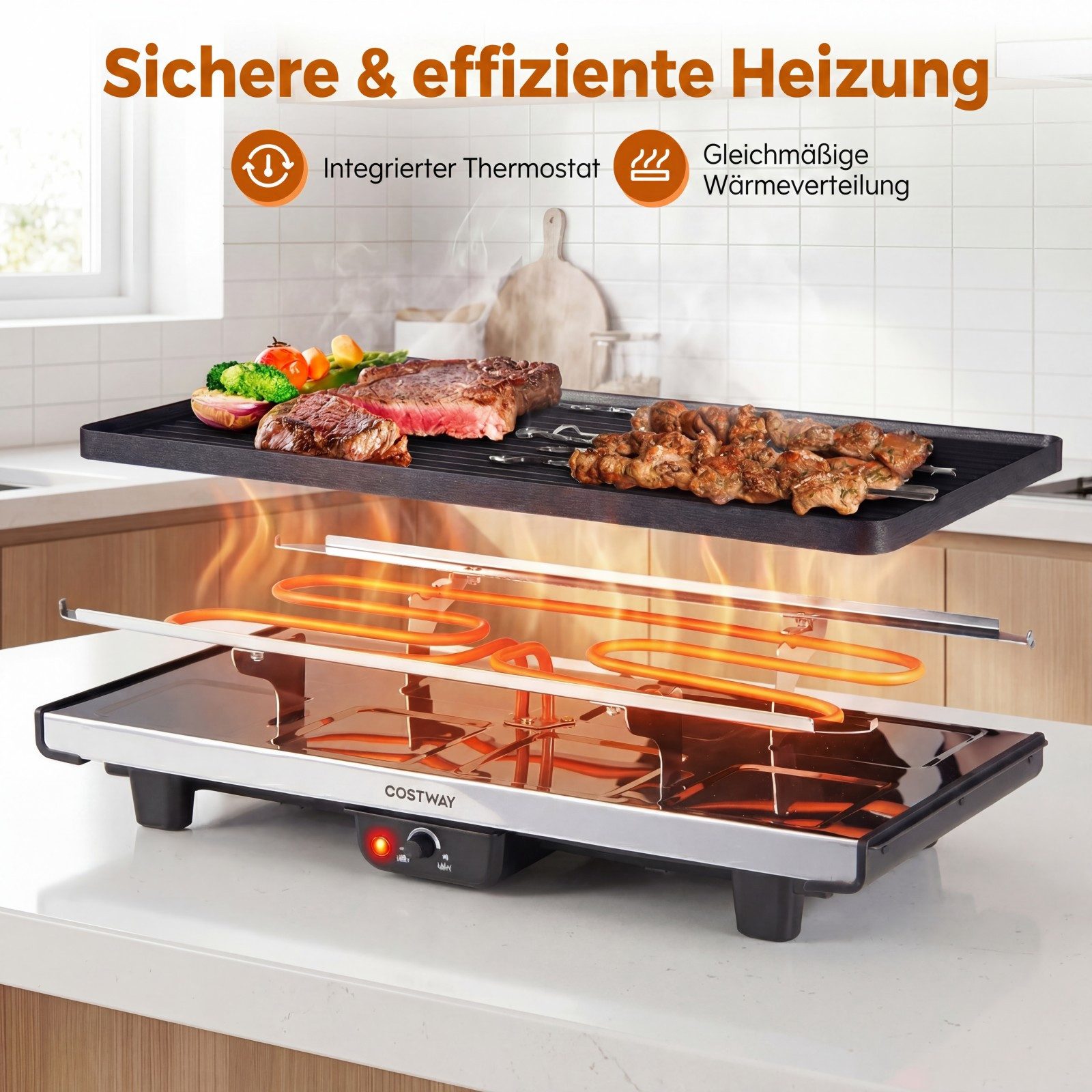 COSTWAY Raclette, 8 Raclettepfännchen, 1400 W, wendbarer Antihaft-Grillplatte