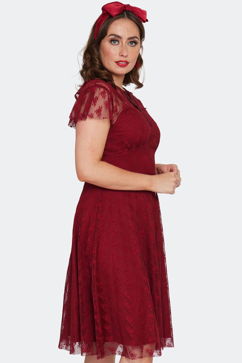 Voodoo Vixen A-Linien-Kleid Melody Burgundy Lace Flare Dress Retro Vintage Spitze