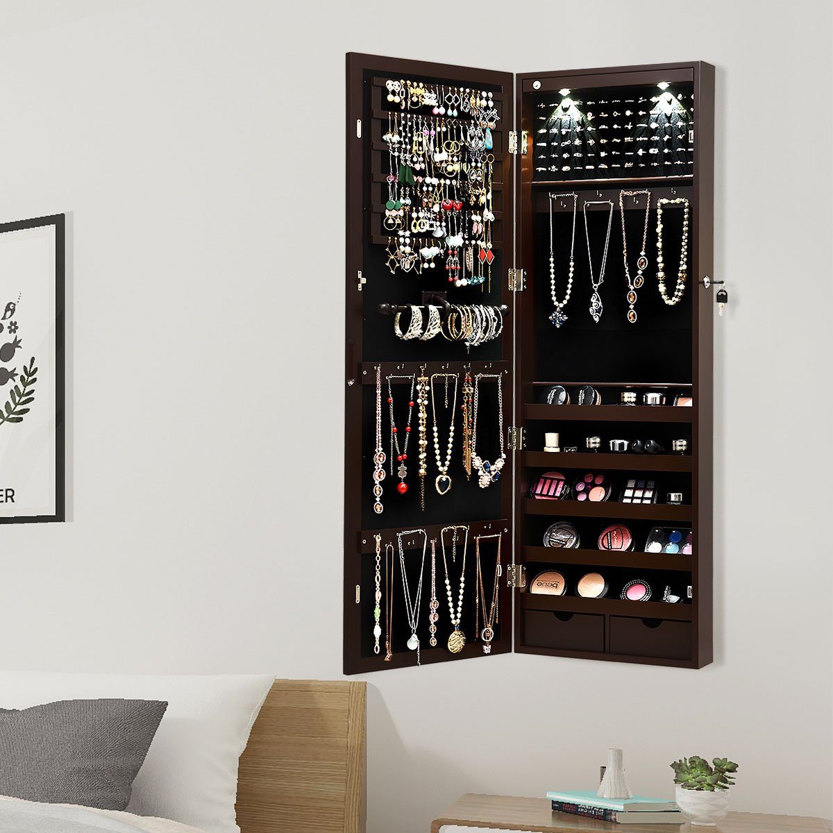 COSTWAY Schmuckschrank mit Ganzkörperspiegel & LED