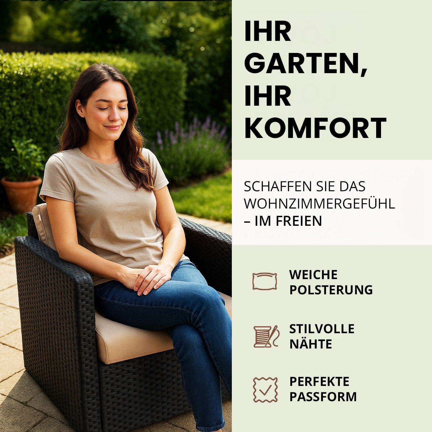 Hobbygarden Sitzkissen und Rückenlehne für Rattanmöbel – 2-teilig (Sitz + Rückenlehne), 50x50, 60x60, 70x70cm – wasserabweisend, Anti-Rutsch, Indoor & Outdoor