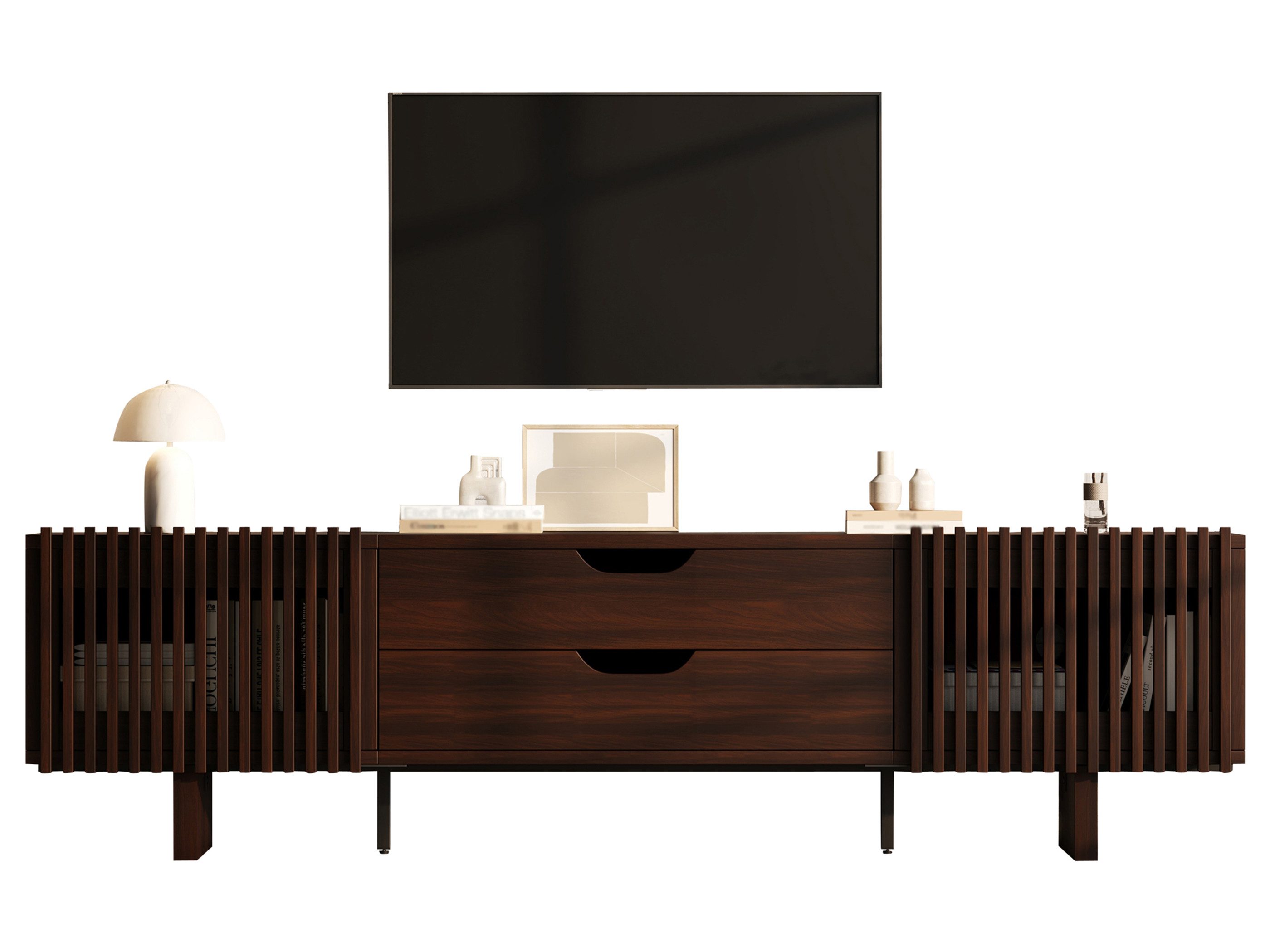 SeedWave Lowboard TV-Schrank in Walnussholzoptik mit Grifflosen Schubladen, Gittertüren, 180cm Fernsehschrank mit Kabeldurchführung, verstellbaren Füßen