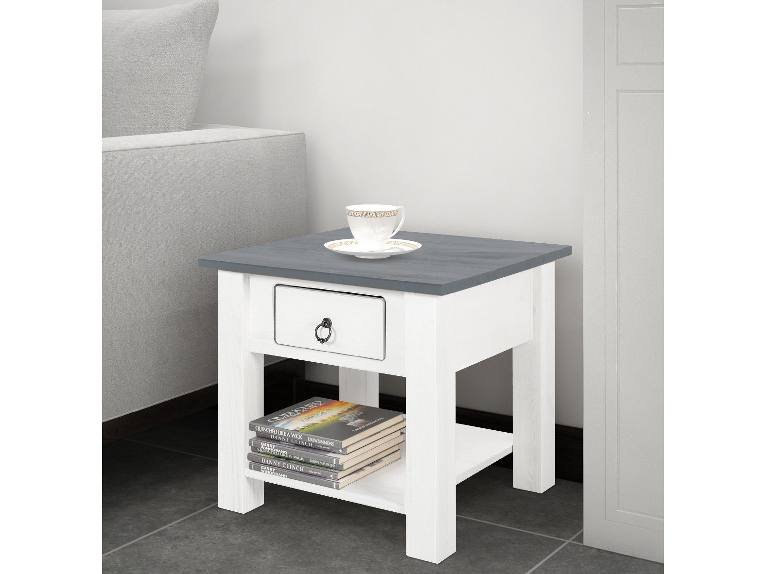 loft24 Couchtisch Inga - Wohnzimmertisch Ablagetisch Sofatisch Kaffeetisch, Beistelltisch, Nachttisch mit Schublade, Kiefer, Landhausstil