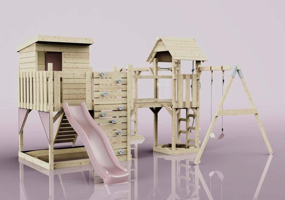 OutdoorToys Spielturm Lene, aus Holz in Altrosa mit Kinderschaukel & Rutsche