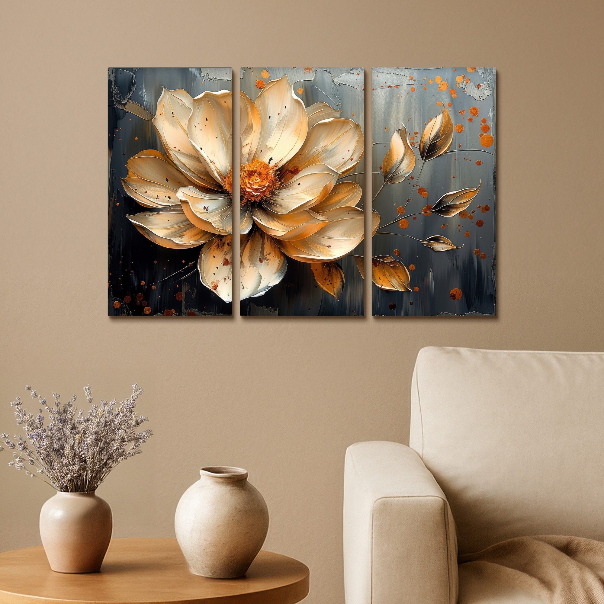 MuchoWow Leinwandbild Blume - Gold - Abstrakt - Farbe, Fotodruck (3 St), Wand Bilder 3 Set, Deko Schlafzimmer Wohnzimmer Flur 60x40 cm – Bild 2 von 5