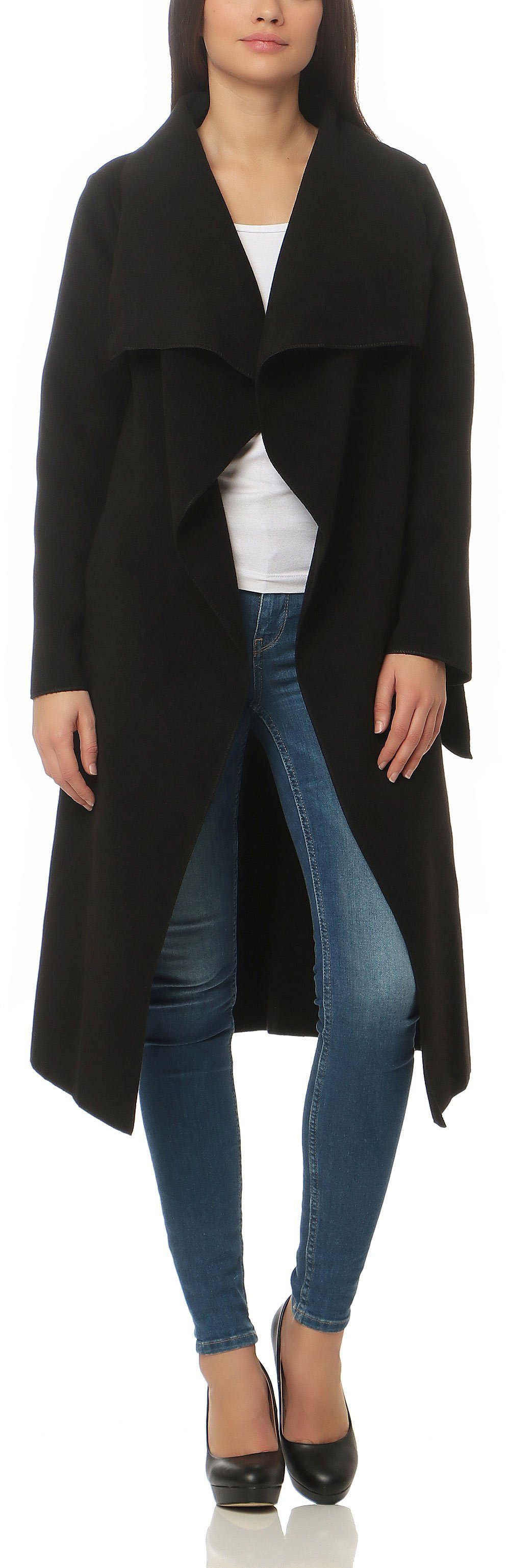 malito more than fashion Langmantel malito Damen Mantel lang mit Wasserfall-Schnitt, Trenchcoat mit Gürte langer Mantel im Wasserfall-Schnitt mit Bindegürtel Ei – Bild 2 von 5
