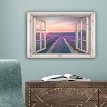 OneMillionCanvasses® Leinwandbild Durchsichtig - Lavendel - Blumen - Holz - Sonnenuntergang - Lila, (1 St), Wandbild Leinwandbilder, Aufhängefertig, Wanddeko, 30x20 cm