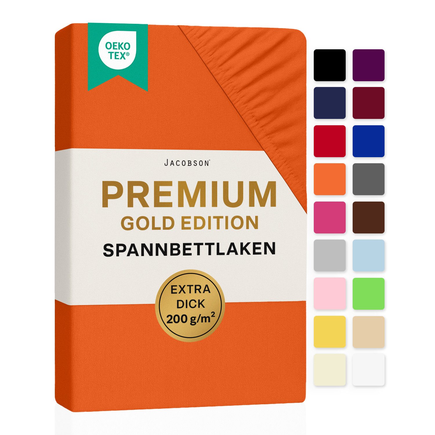 Jacobson Spannbettlaken PREMIUM 200 g/m² Jersey aus 97% Baumwolle & 3% Elasthan, Extra dichtes Bettlaken mit maximalem Halt – OEKO-TEX®