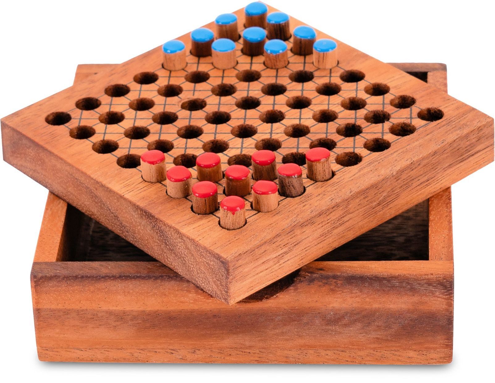 LOGOPLAY Spiel Halma für 2 Rot Blau, Gesellschaftsspiel, Halma Reisespiel klassisches Strategiespiel im Mini-Holzkasten für 2