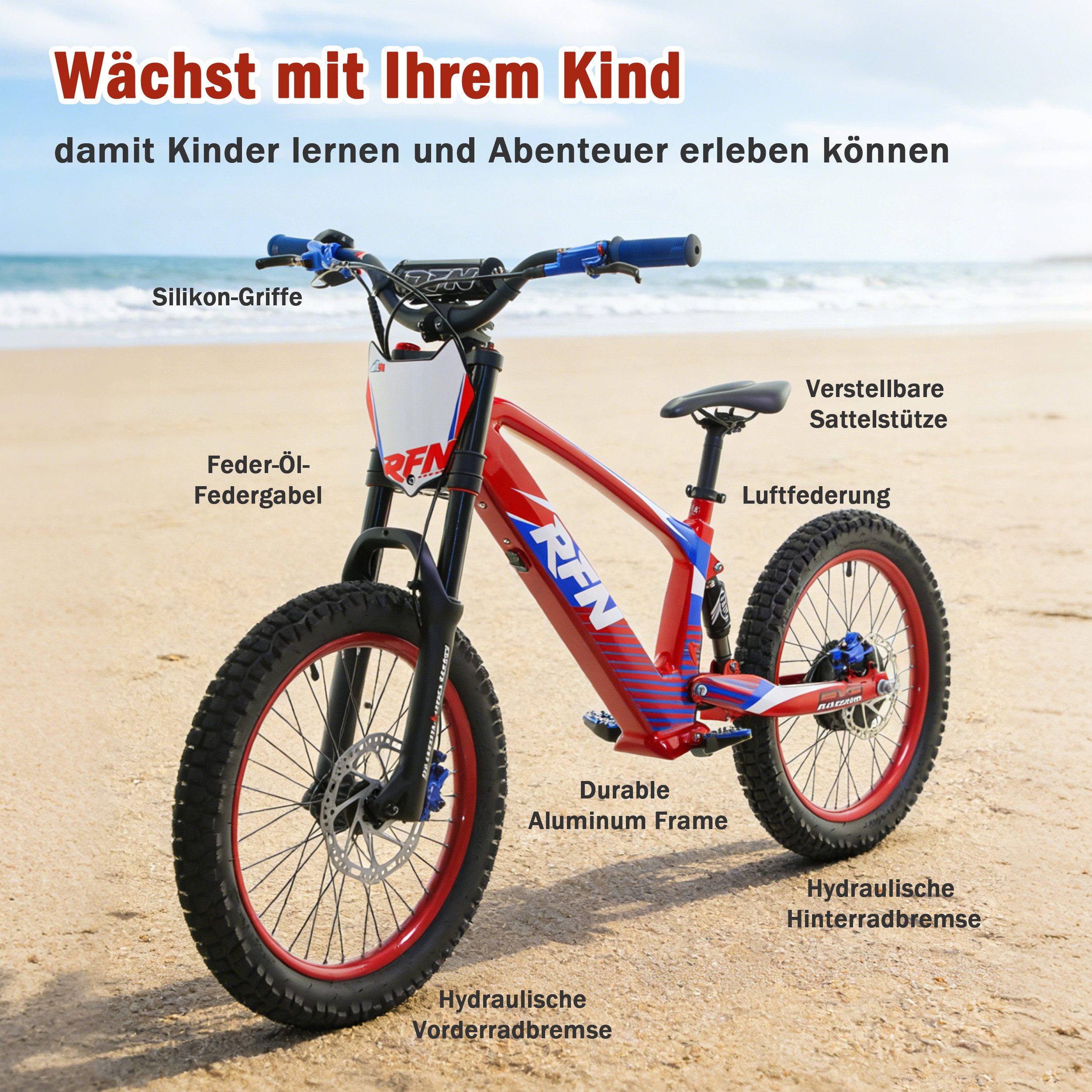 Vankel Elektro-Kindermotorrad EVO20 750W 20 Zoll E-Motorrad für Kinder ab 12 Jahre 36V Akku, Belastbarkeit 70 kg, 3 Fahrstufen Bis 35 km/h, 52.5 Nm, hydraulische Scheibenbremsen
