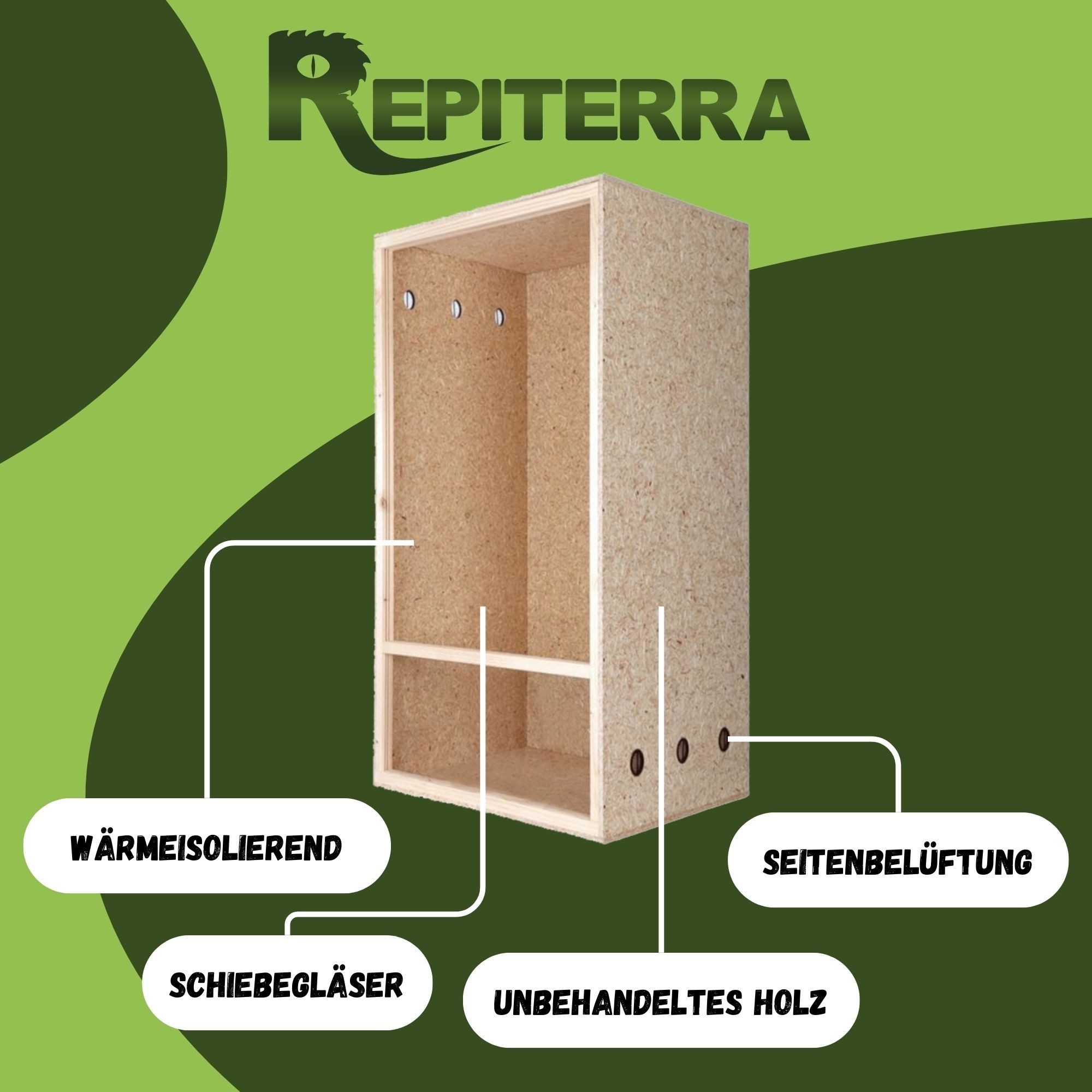 Repiterra Terrarium Hochterrarium hochwertig mit Seitenbelüftung 60x120x60 cm, inklusive Thermo-Hygrometer - Hochwertiges Holzterrarium