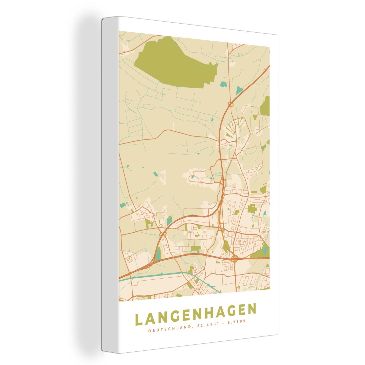OneMillionCanvasses® Leinwandbild Karte - Stadtplan - Langenhagen - Vintage, (1 St), Leinwandbild fertig bespannt inkl. Zackenaufhänger, Gemälde, 20x30 cm