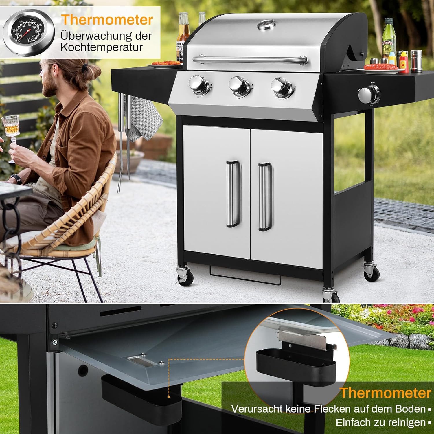 TLGREEN Gasgrill Grillwagen BBQ mit Seitenkochfeld, 3+1 Brenner,13,5 kw Gas, Standgrill,Grillküche Camping Garten