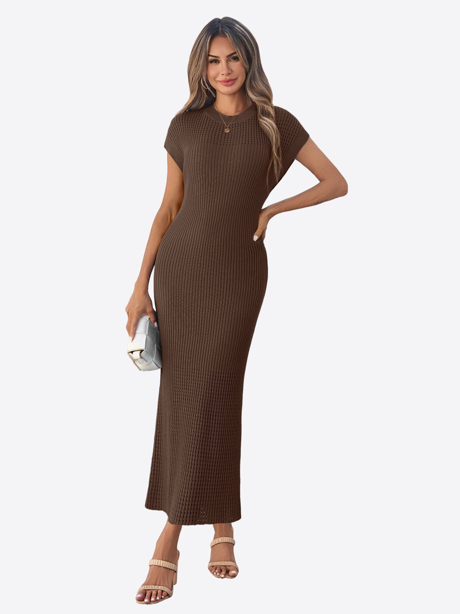 Imily Bela Strickkleid Damen mit Kurzarm und Rundhals Casual (Packung, 1-tlg., 1per-Pack) in Unifarbe mit Lochmustern und Rippstrick