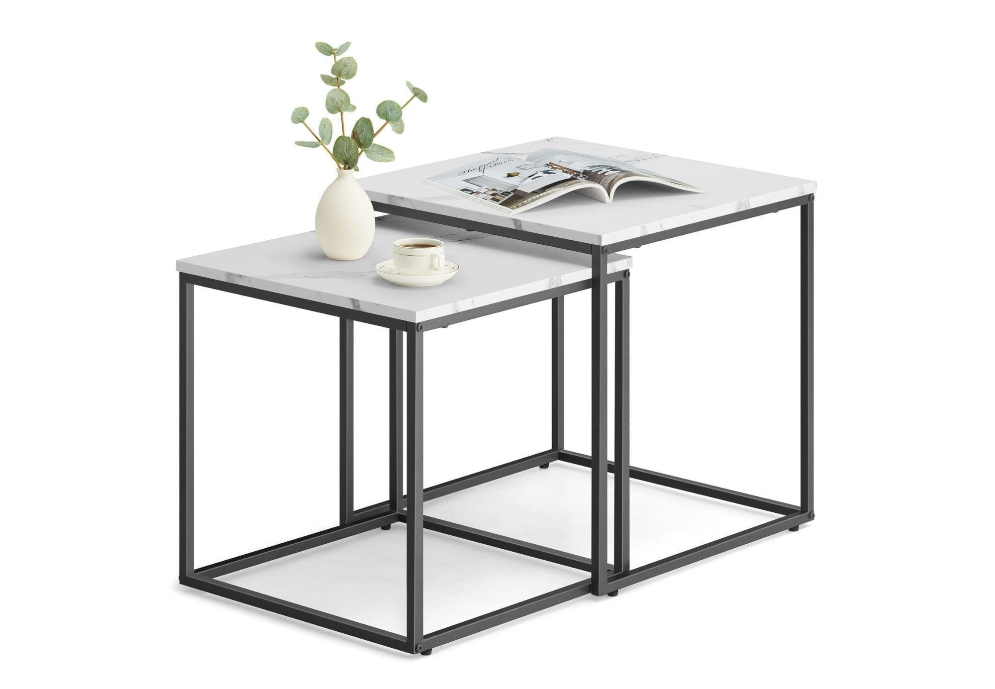 Home Collective Couchtisch 2er Set Beistelltisch Loft Design 2in1 Verschachtelung Wohnzimmer, kratzfeste Oberfläche 50&45cm Marmor Optik, schwarz Beinen quadratisch