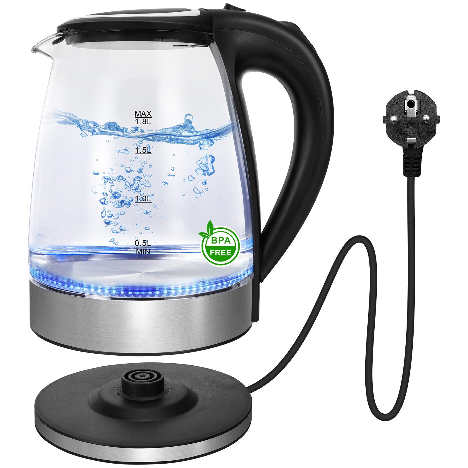 kowdom Wasserkocher Glas Wasserkocher 1,8L 2200W BPA-frei LED Abschaltung