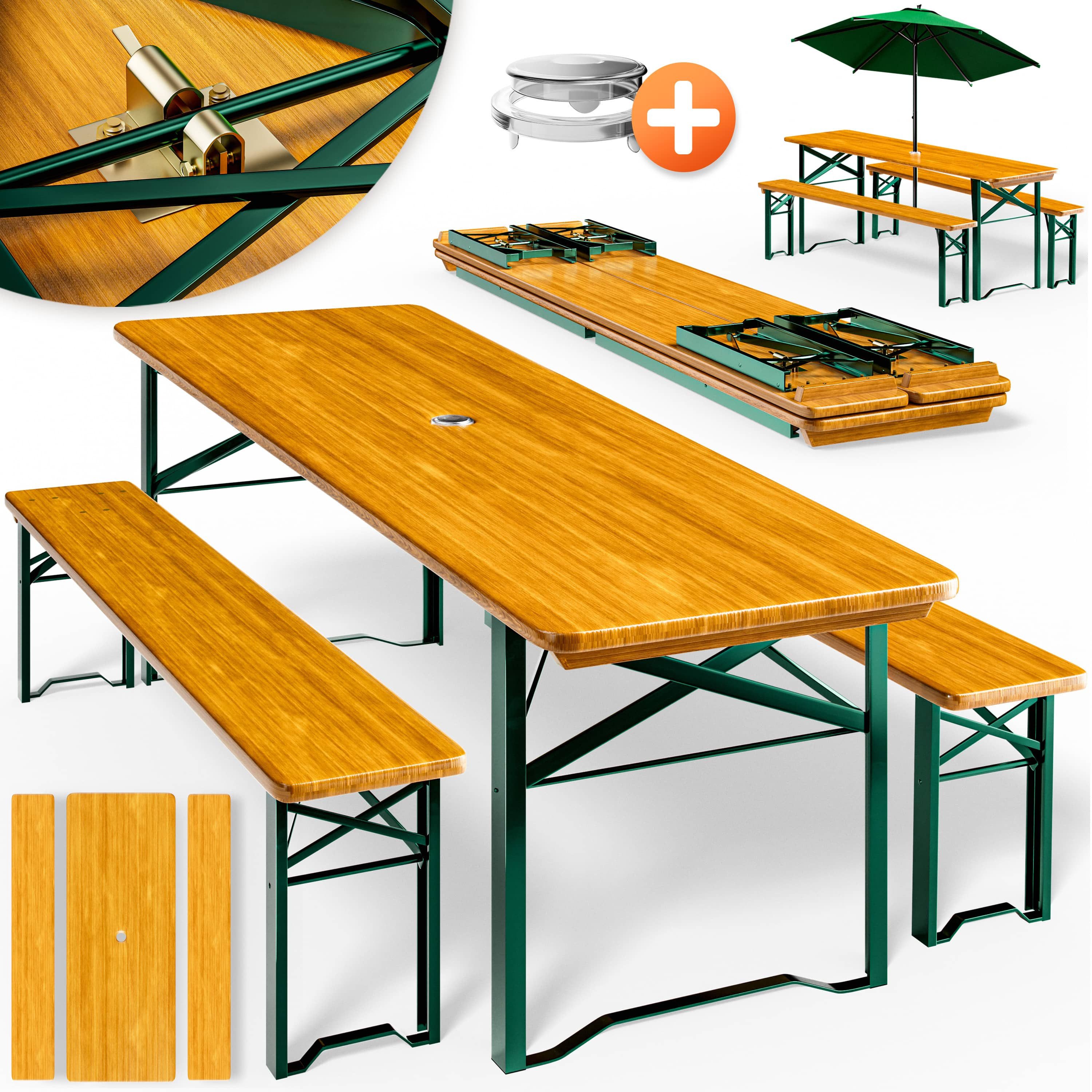 Casaria Bierzeltgarnitur, (3-tlg), 170cm Klappbar Stabil 3 Teilig 2x Bierbank 1x Breiter Tisch Holz