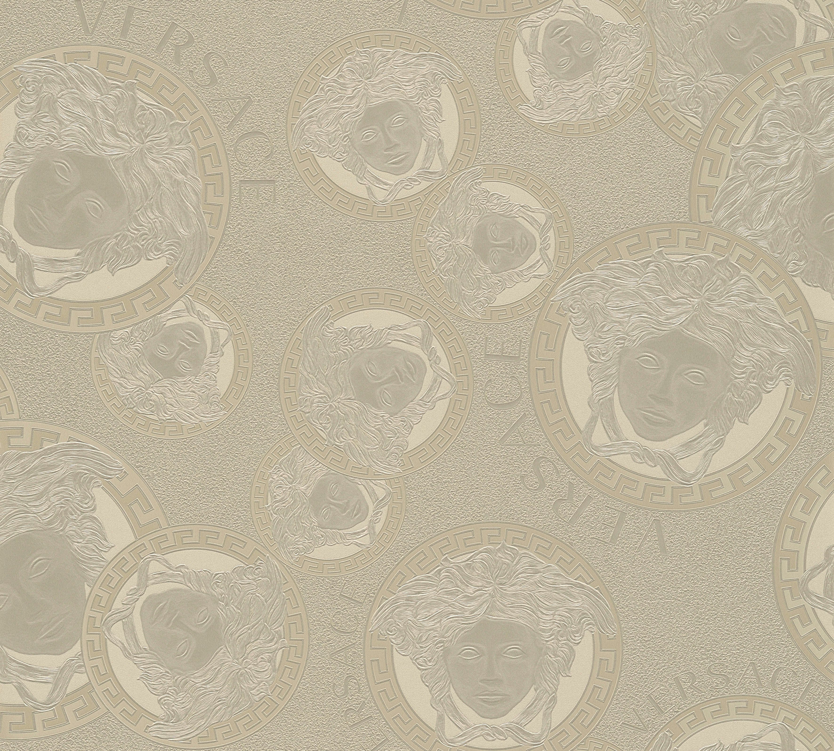 Versace Vliestapete Wallpaper Versace 5 Medusakopf Metallic, leicht strukturiert, glänzend, hochglänzend, metallic, (1 St), Designertapete Tapeten Wohnzimmer Schlafzimmer Küche modern Flur Optik