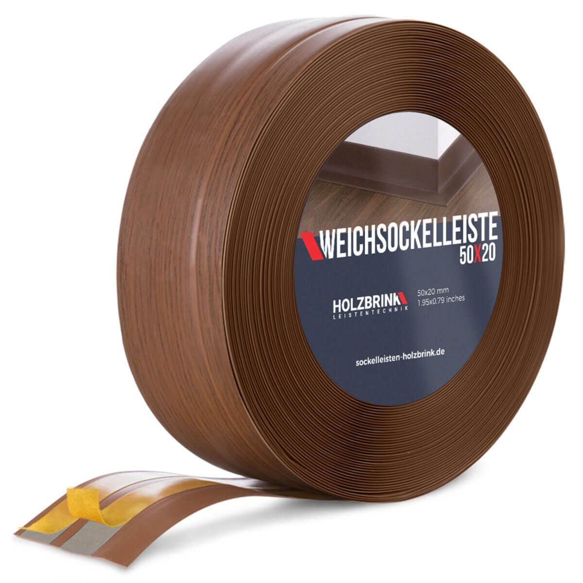 HOLZBRINK Sockelleiste PVC Weichsockelleiste selbstklebend 50x20mm Eiche Dunkel, L: 500 cm, 5m Rolle, Knickleiste Abschlussleiste