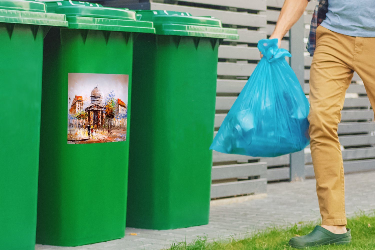 MuchoWow Mülltonne, - Stadt - Gemälde St), Wandsticker Abfalbehälter Mülleimer-aufkleber, (1 Container, Sticker, Öl