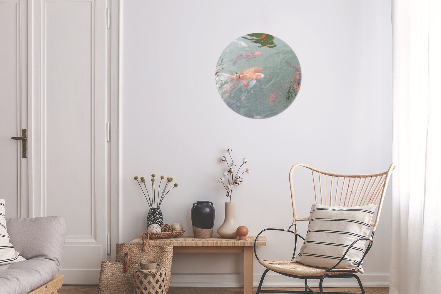 Forex, von 30x30 Rundes Wanddekoration cm Wohnzimmer, MuchoWow Koi-Karpfen einem Gruppe in Wandbild, Kreis (1 Eine Teich, St), Gemälde
