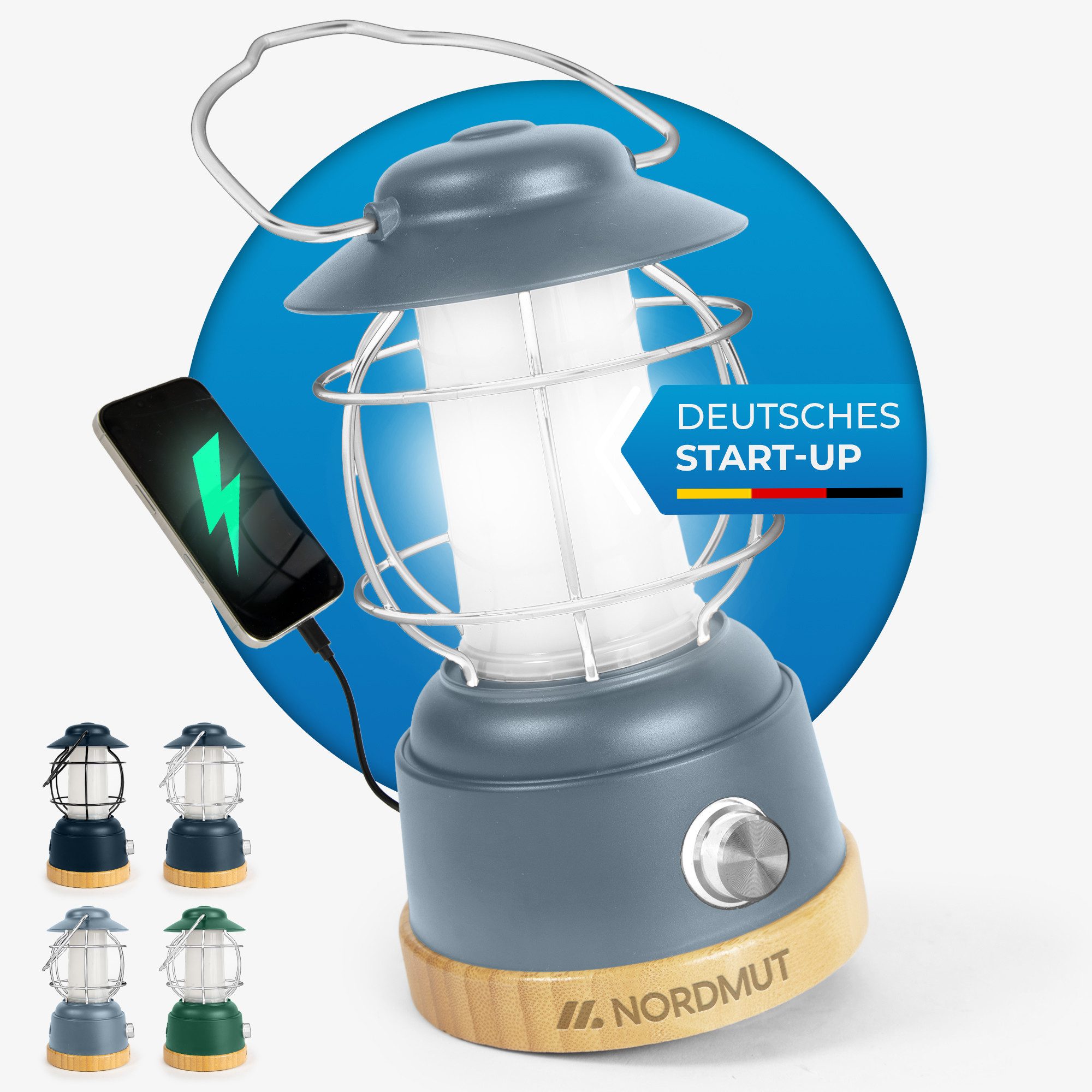 Nordmut Außen-Tischleuchte Campinglampe LED Akku aufladbar, 5200 mAh Powerbank, dimmbar, USB, LED fest integriert, Warmweiß, Tageslichtweiß, 200h Leuchtdauer, IPX4 wetterfest, Zeltlampe, Outdoor, Camping Licht