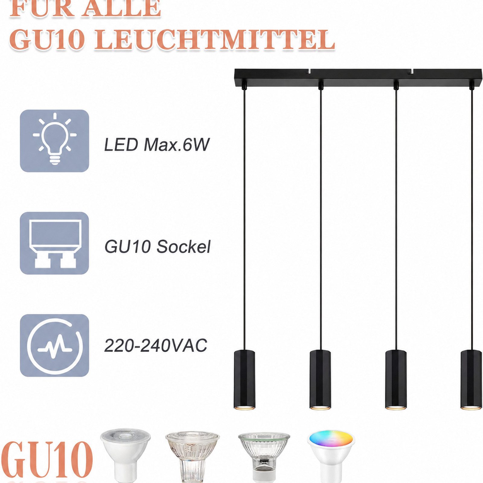 Nettlife Pendelleuchte Esstisch Modern Hängelampe 1/3/4flammig GU10 Pendellampe Schwarz, höhenverstellbar, ohne Leuchtmittel, für Esszimmer Wohnzimmer Küche Sch – Bild 4 von 5