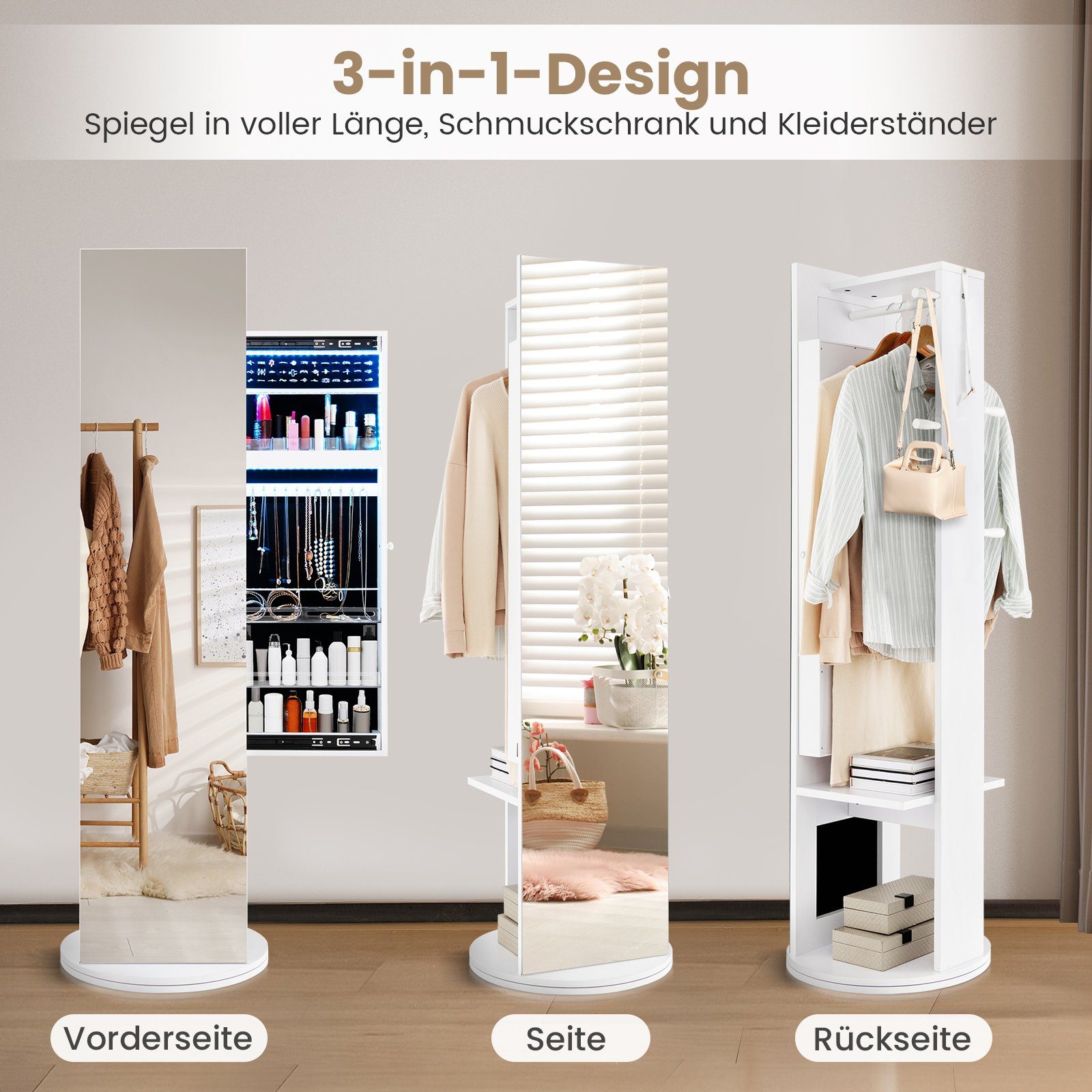 COSTWAY Schmuckschrank mit Ganzkörperspiegel stehehd, LED, drehbar, weiß
