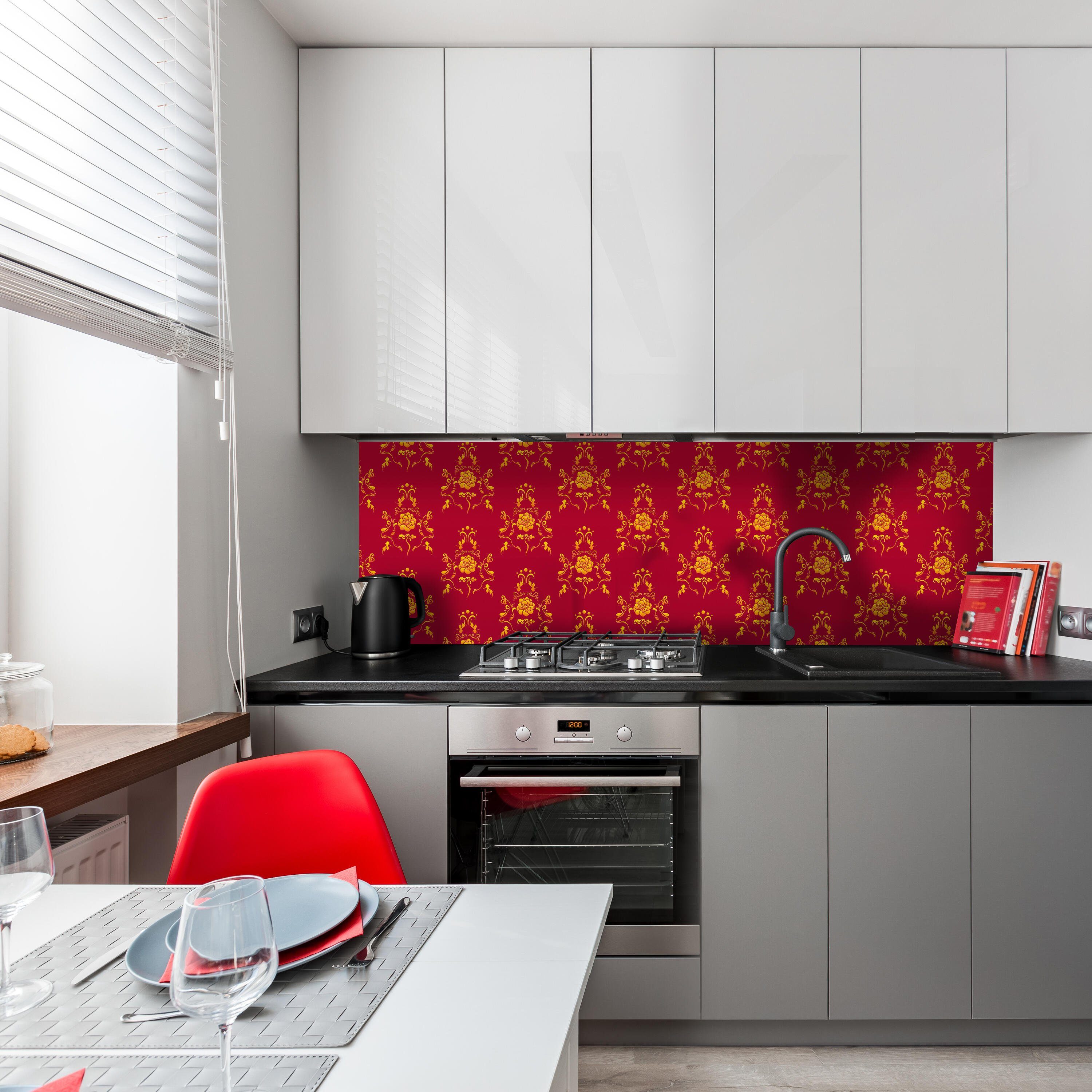 wandmotiv24 Küchenrückwand Barock Rot Muster, (1-tlg), Premium Hartschaum Nischenrückwand in versch. Größen