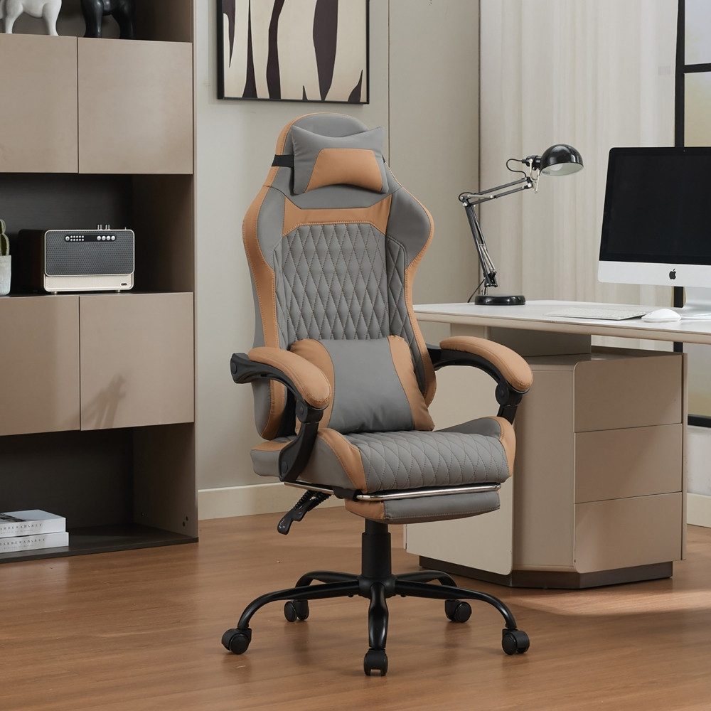 BBWL Gaming Chair mit Höhenverstellung, Kopfstütze, Diamantnaht Design, Metallbasis, Ergonomischer Gaming Stuhl Luxus Drehstuhl, PVC Polster Komfort