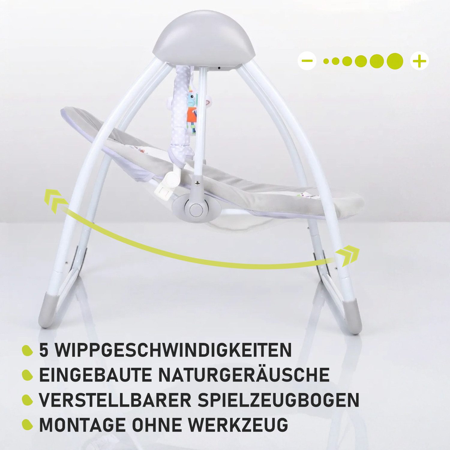 oyajia Babyschaukel Babywippe mit Spielbogen Spielzeugen, 5 Schaukelgeschwindigkeiten,3 Zeitschaltuhreinstellungen