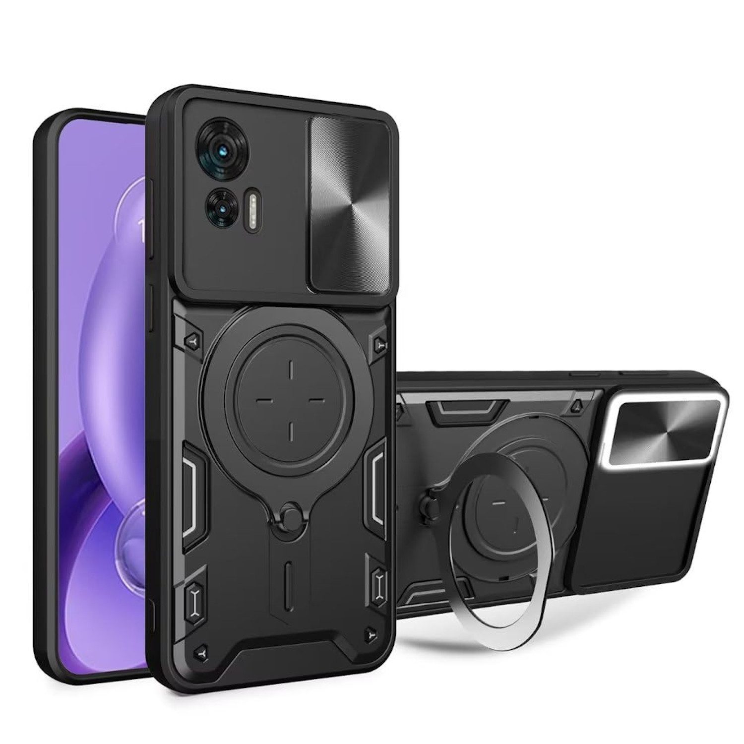 Wigento Handyhülle Für Motorola Moto G84 5G Sliding Kamera TPU / PC Schutz Hülle mit Ring