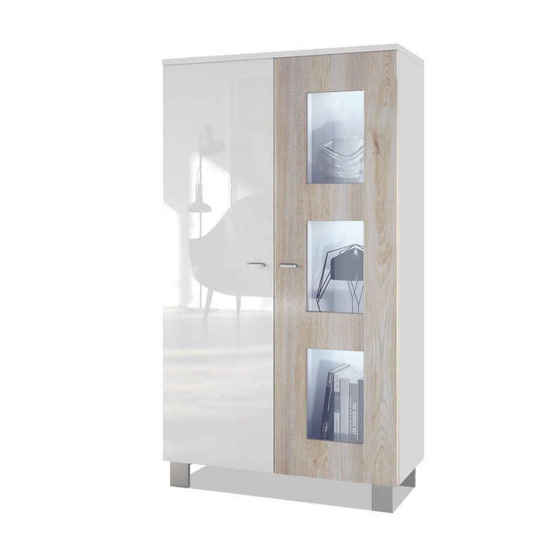 Vladon Standvitrine Denjo (Standvitrine, mit 2 Türen und 3 Glaseinsätzen) Weiß matt/ Weiß glänzend/ Eiche Nordic mit Beleuchtung (71x129x35 cm)