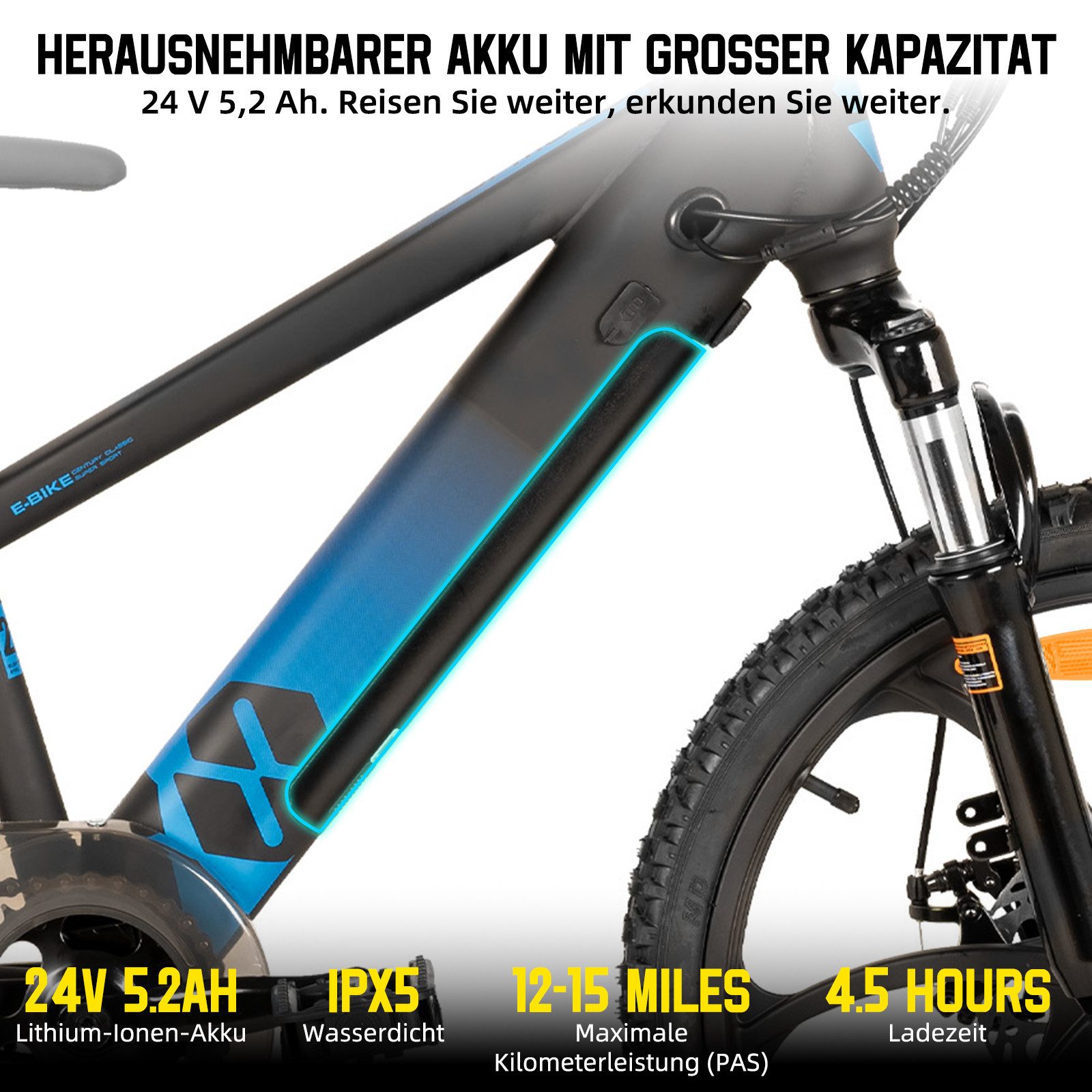 HILAND E-Bike E-Mountainbike 20 Zoll 24V 250W, Einheitsreifen & entnehmbarer Akku, Heckmotor, 124,8 Wh