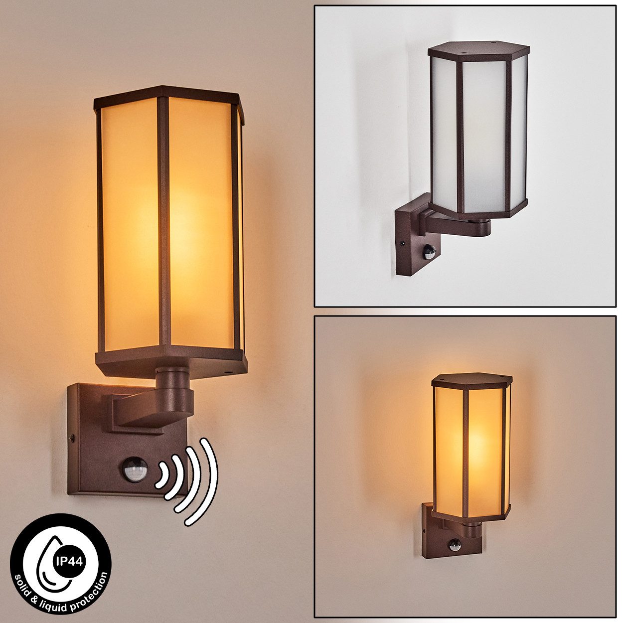 hofstein Außen-Wandleuchte Außenleuchte mit Bewegungsmelder aus Metall/Glas in Rostfarben/Weiß, ohne Leuchtmittel, Wechselscheiben, Wandlampe für Eingangsbereich/Hof, 1 x E27, IP44