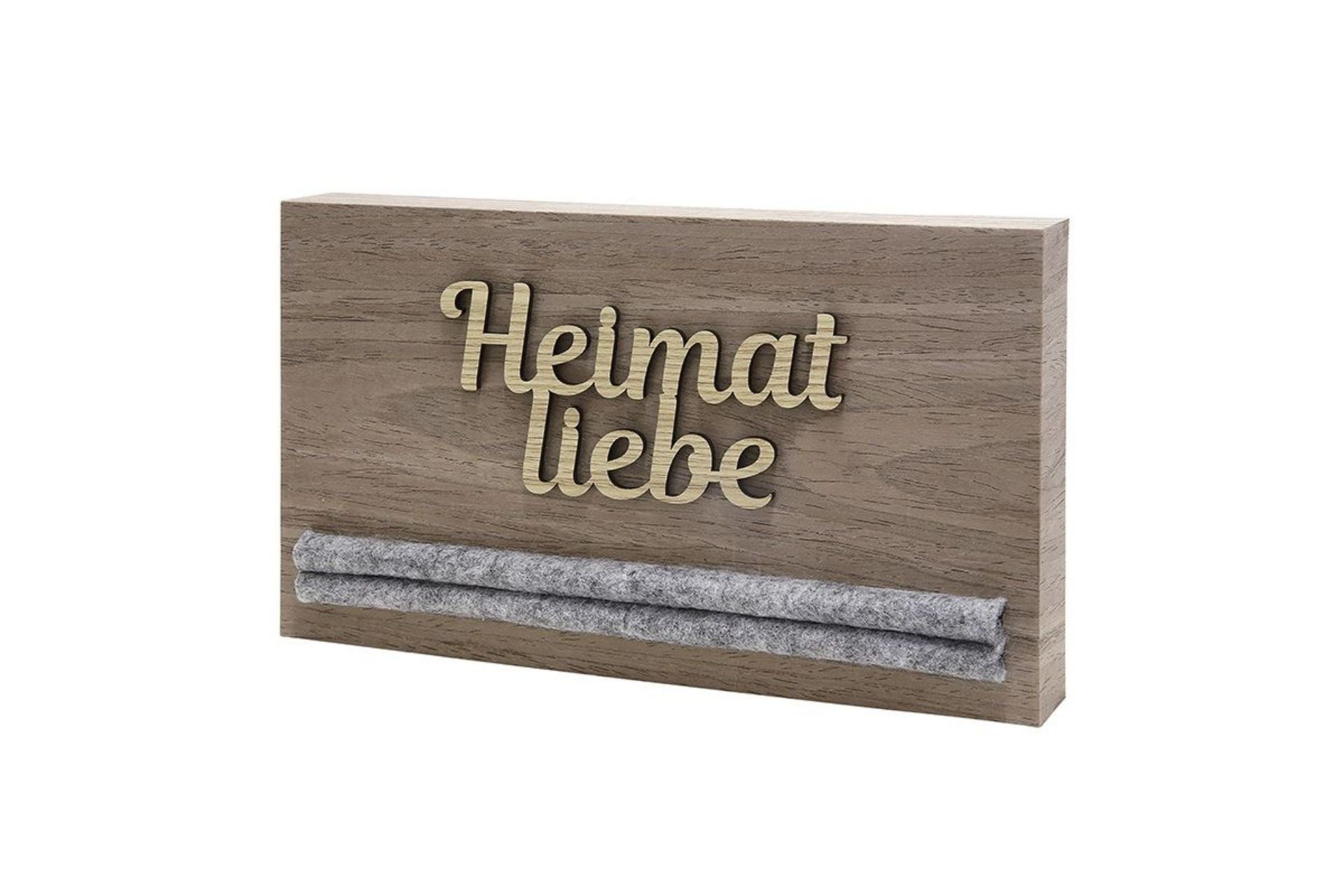 Schlüsselbrett, Schlüsselbrett aus Holz und Filz mit aufgesetztem Schriftzug, Thema HEIMATLIEBE, Material Holz, Farbe Natur, Schrift-Relief, Maße 24 x 14 cm, hoher Neidfaktor