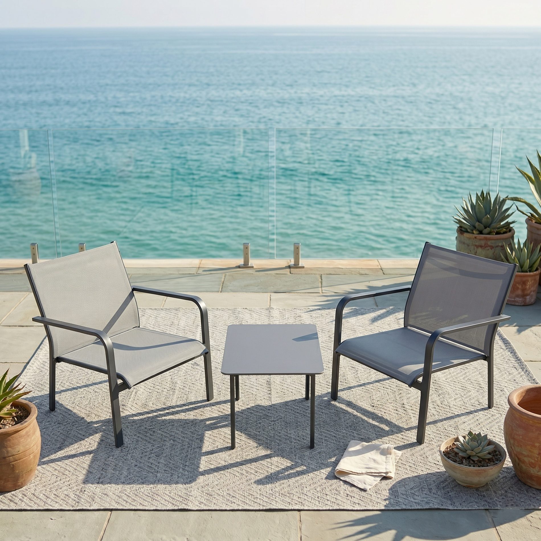 Jati & Kebon Gartenlounge-Set Dransy, Outdoor-Set, (2 Loungesessel & 1 Loungetisch, 3-tlg), für 2 Personen, Aluminium & Textilgewebe, wetterfest & pflegeleicht