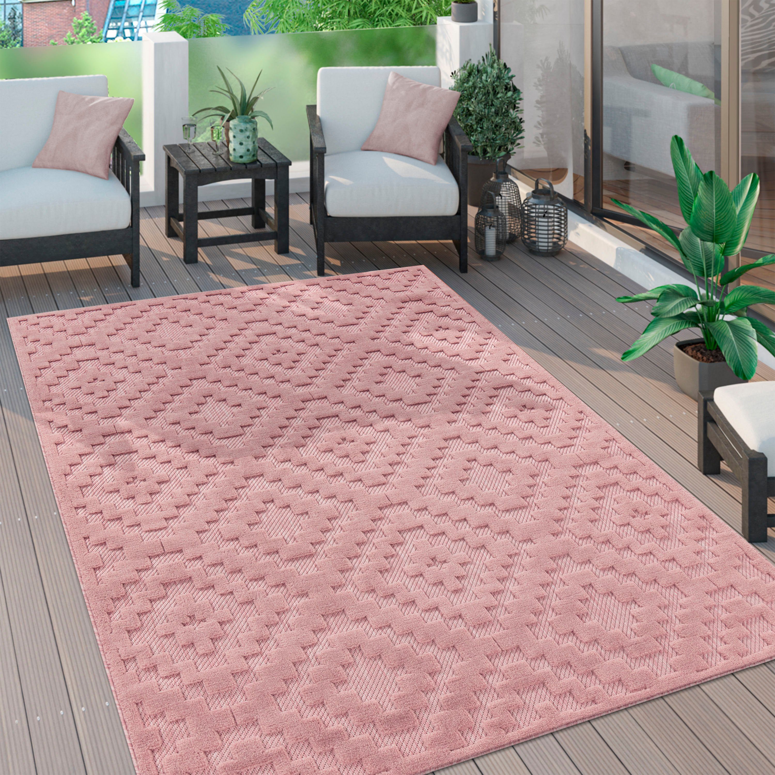 Teppich Livorno 672, Paco Home, rechteckig, Höhe: 14 mm, Uni-Farben, Scandi, Rauten Muster, Hoch-Tief Effekt, Outdoor geeignet pink | Kurzflor-Teppiche