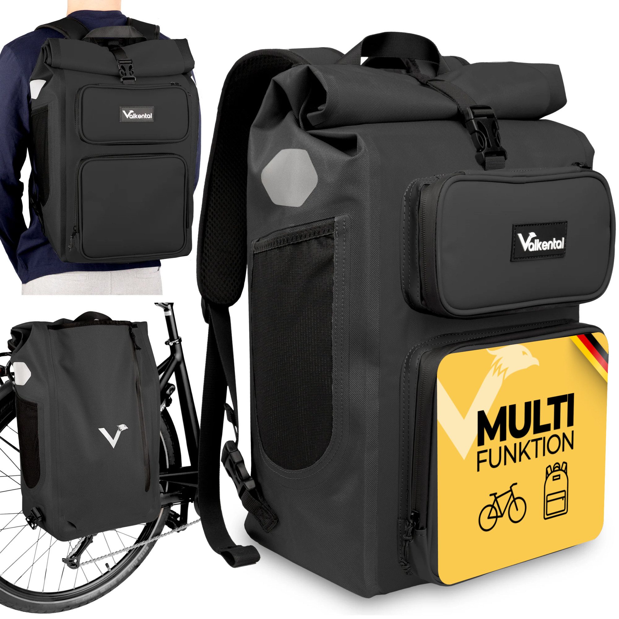Valkental Gepäckträgertasche Gepäckträgertasche 2in1 Fahrradtasche mit Rucksackfunktion UrbanX (mit Rucksackfunktion und abschließbarer Halterung), 100 % wasserdicht & reflektierend, 28 L