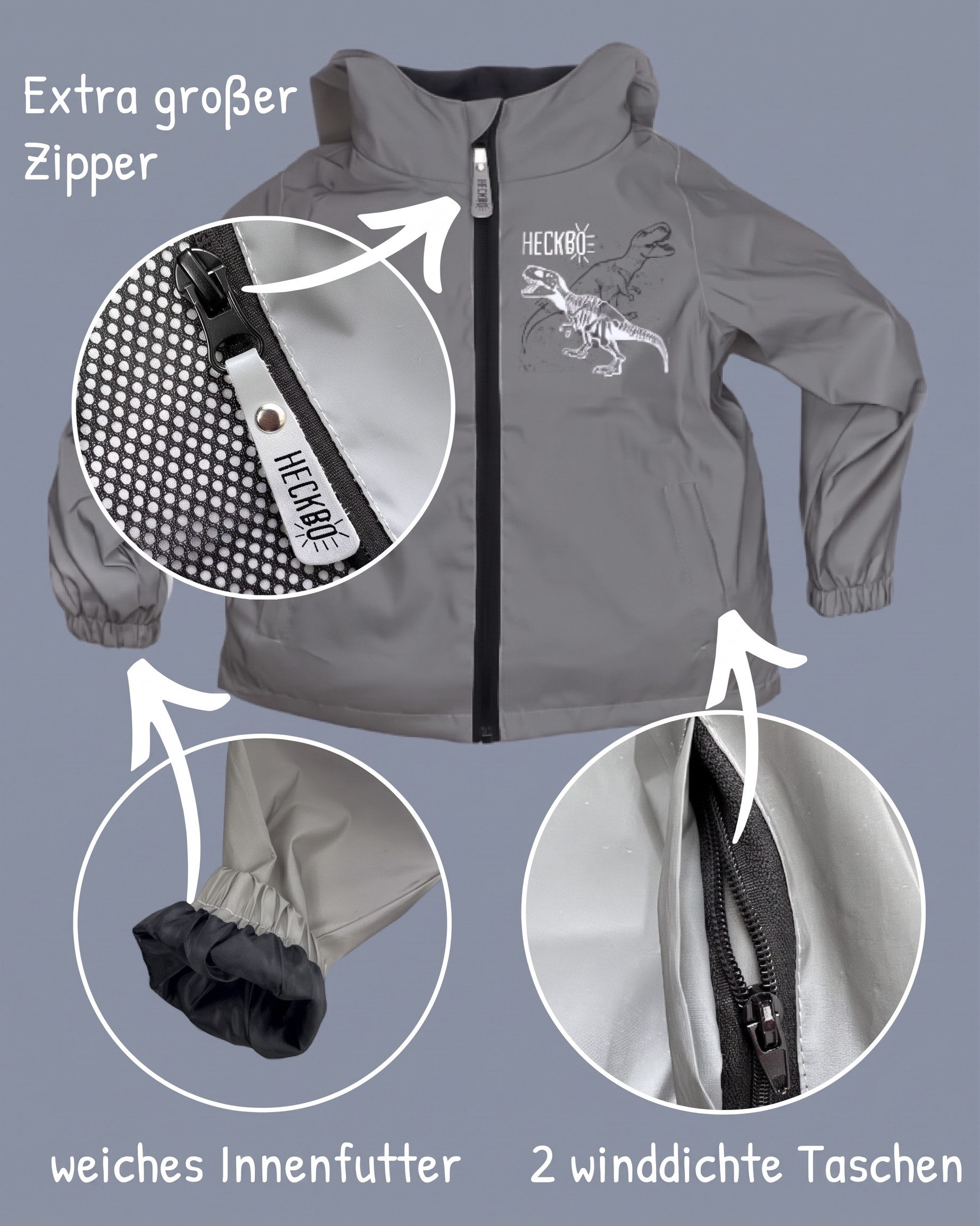 HECKBO Regen- und Matschjacke 360° Reflektor Kinder Regenjacke Windjacke Jacke Dinosaurier 3-6 Jahre