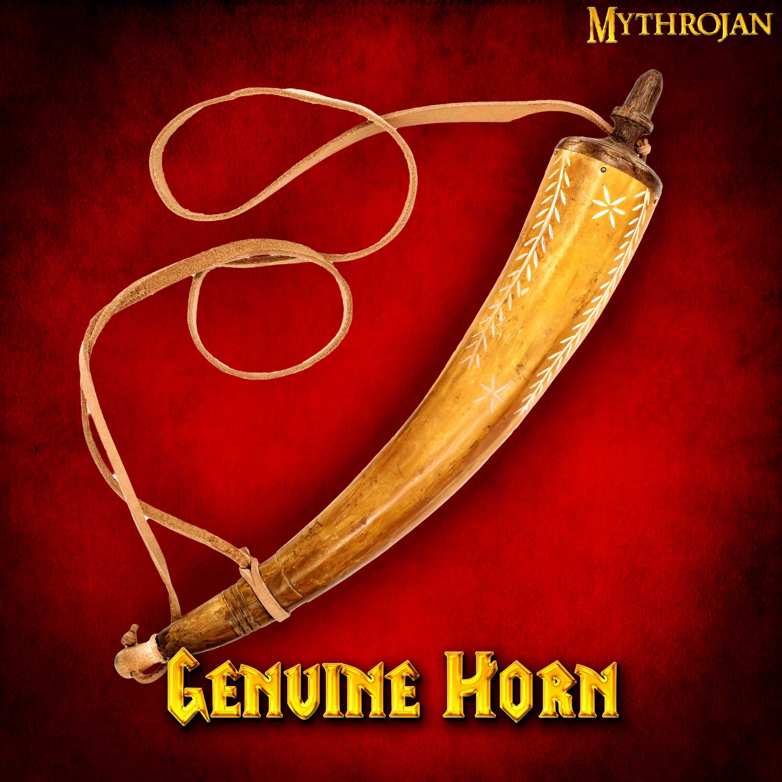 Mythrojan Ritter-Kostüm Geschnitztes Pulverhorn mit Lederriemen