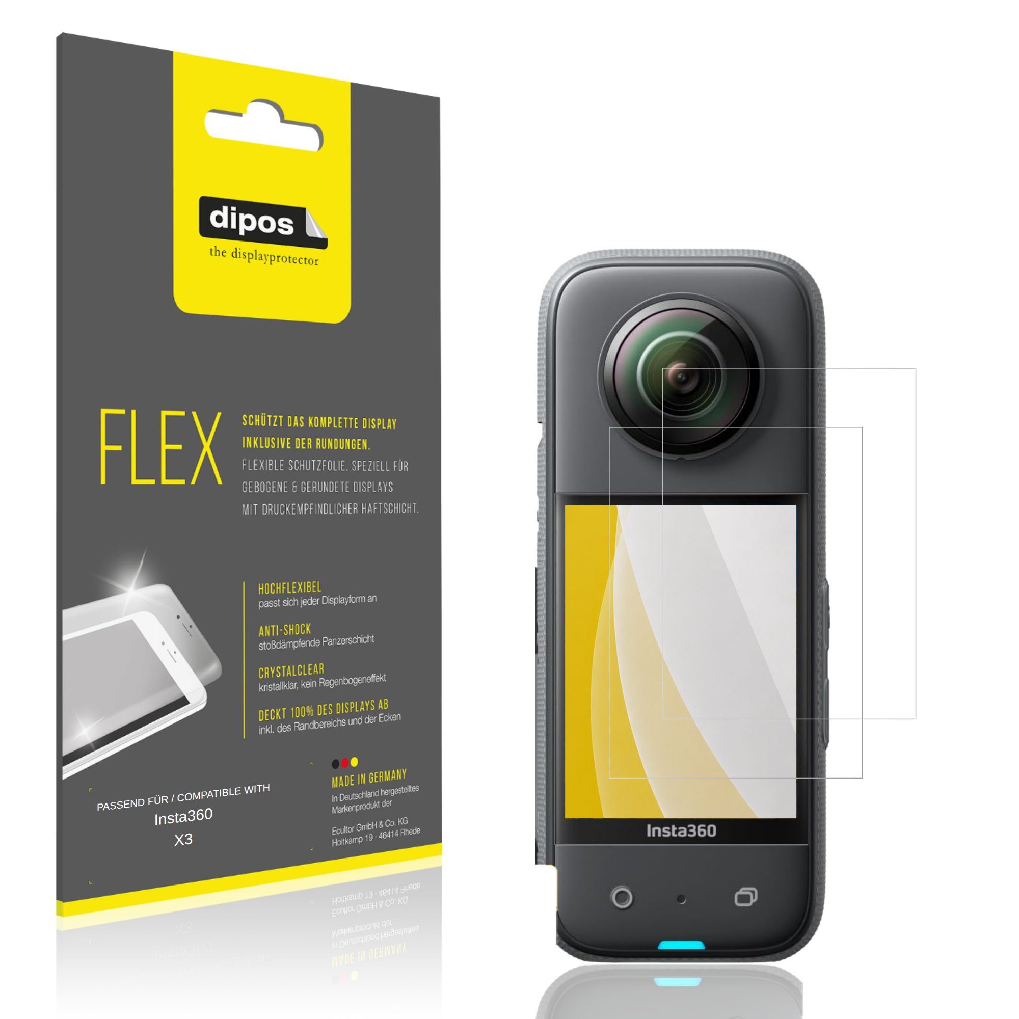 dipos Displayschutzfolie Schutzfolie für Insta360 X3, 2 Stück, Displayschutz Schutz Folie Made in Germany