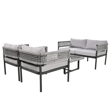 REDOM Gartenlounge-Set Gartenmöbel-Set, (Gartenmöbel-Set aus Seil, 4-tlg., inklusive aller Sitz- und Rückenkissen), mit verzinktem Eisenrahmen,verstellbare Füße,glatte Glastischplatte