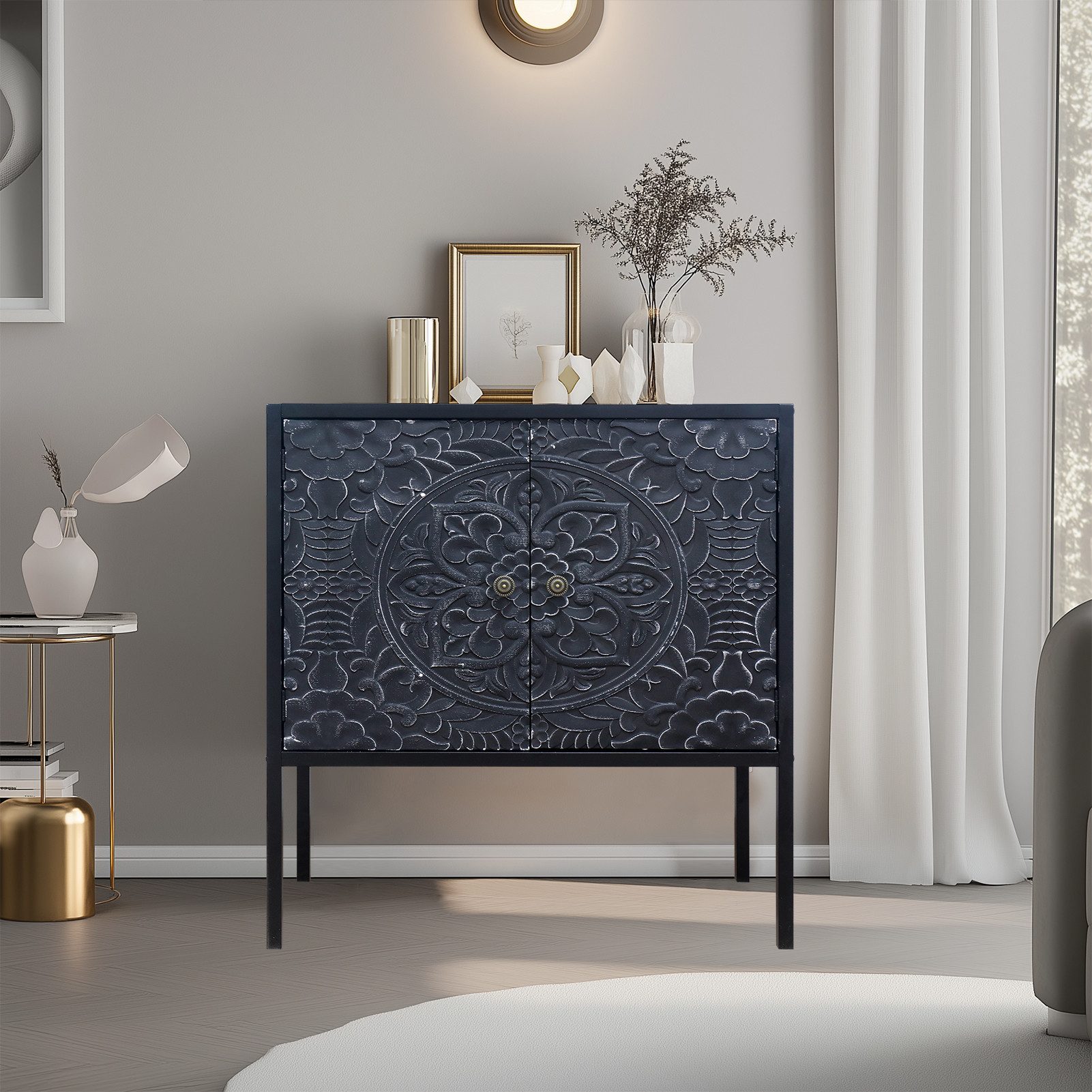 G-LEAF Kommode Aufbewahrungsschrank in Vintage Boho Stil, mit 2 geschnitzten Türen, mit verstellbarem Regal, Holzplatte und Metall-Beinen, 74.5×32×70cm